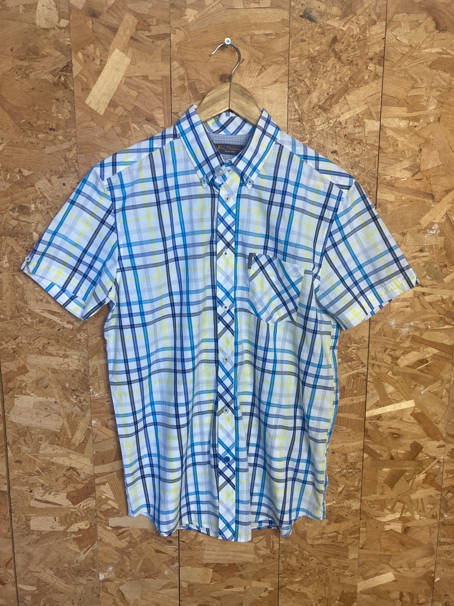 Vintage Ben Sherman light blue yellow white tablecloth fine check short sleeve Mod skinhead retro punk size small