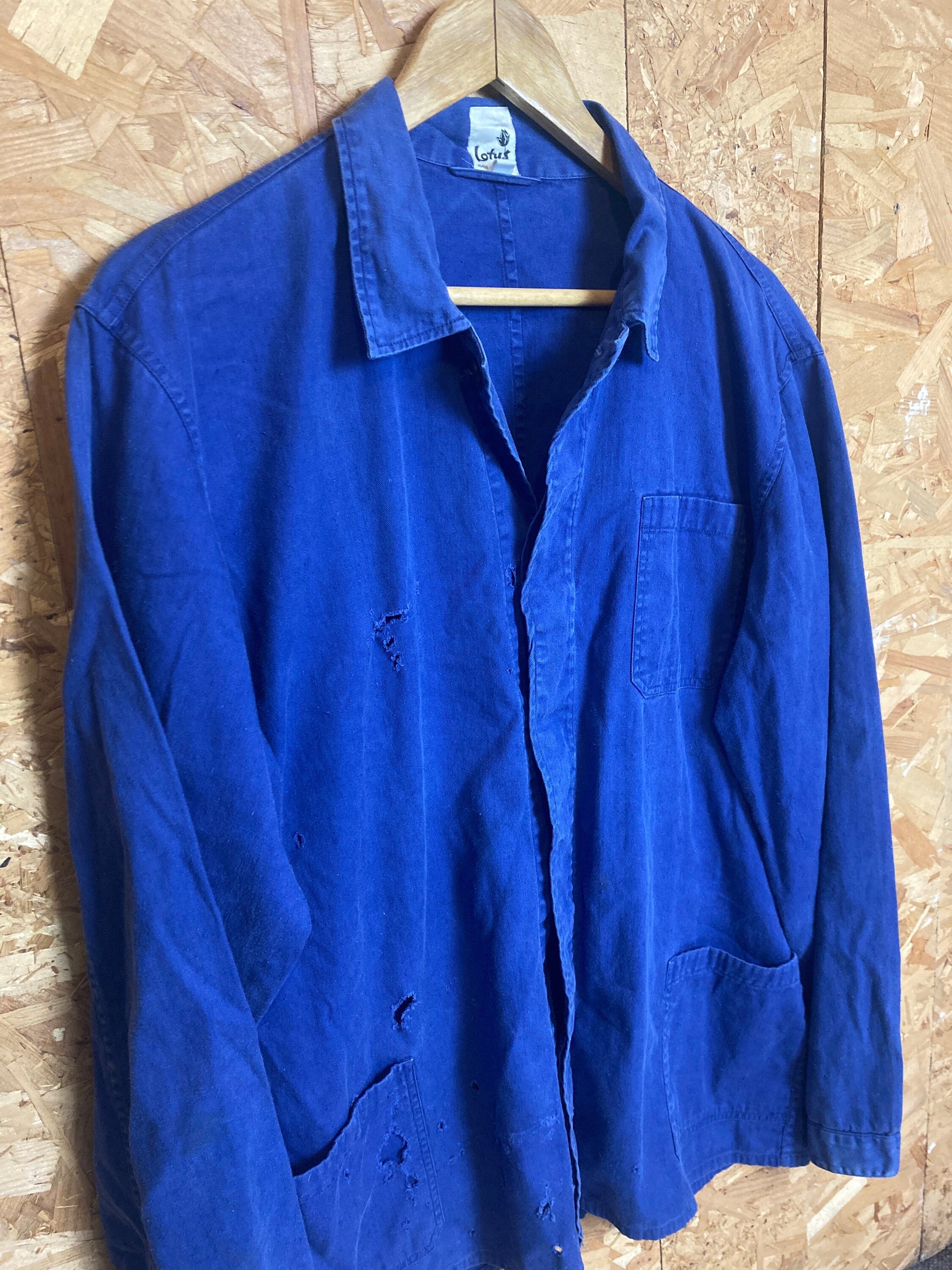 Vintage 80s French blue workers chore sanforized button jacket cotton drill distressed size large by
