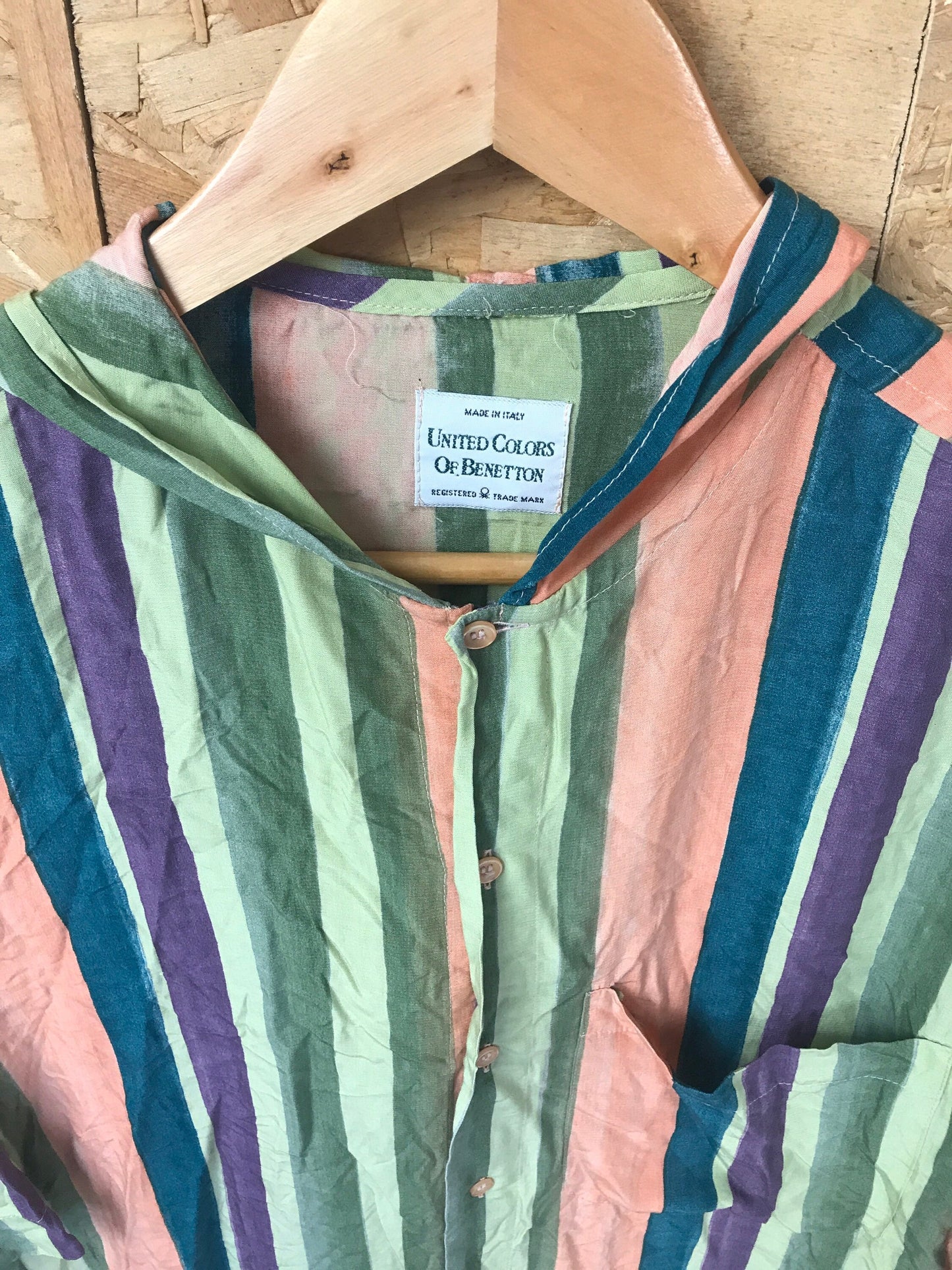 Vintage 90s United Colours of Benetton green orange purple striped short sleeve hooded rayon shirt size large