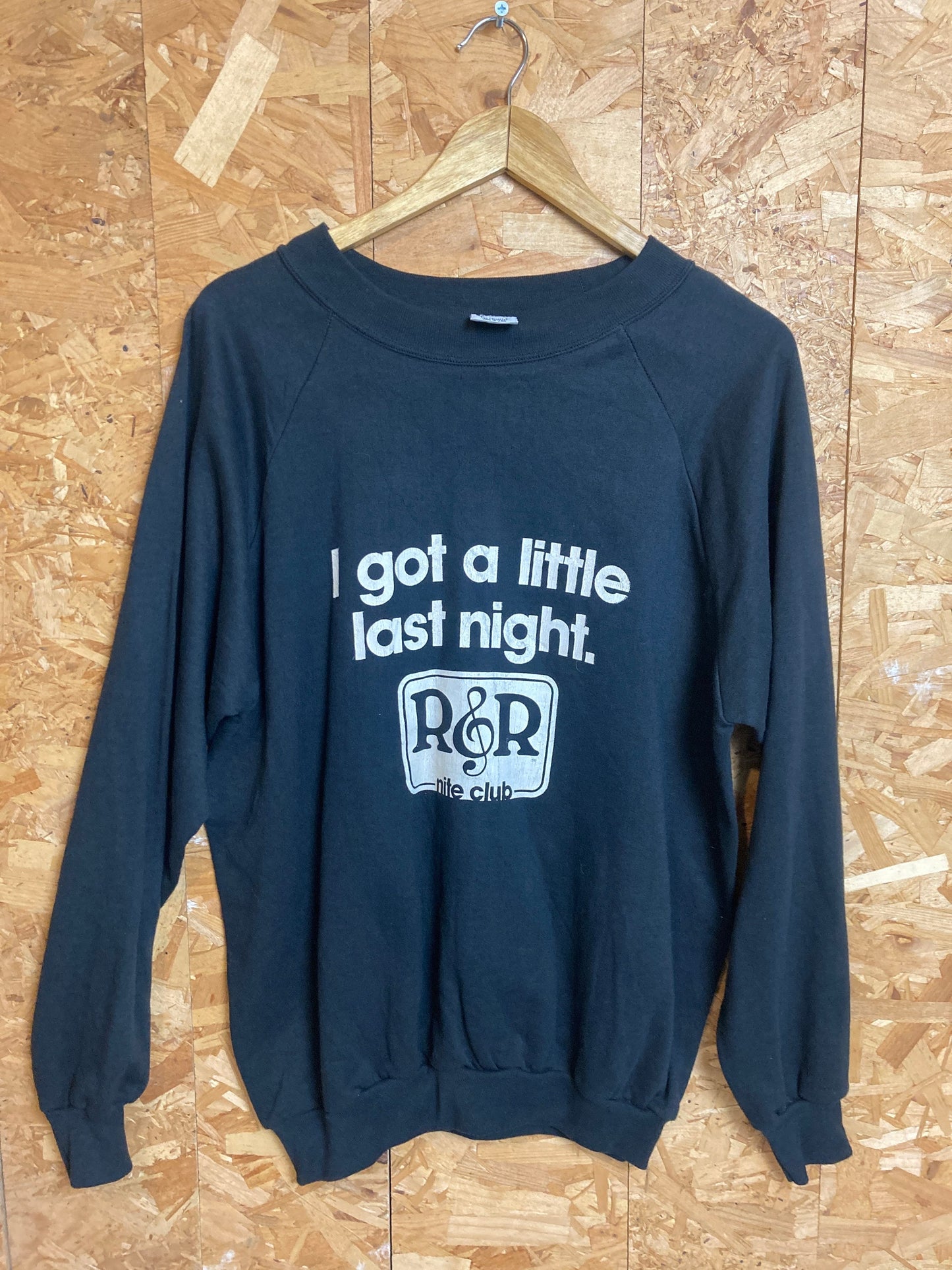 Vintage 80s R&R Nite Club “I got a little last night” usa souvenir black crew neck sweater size large