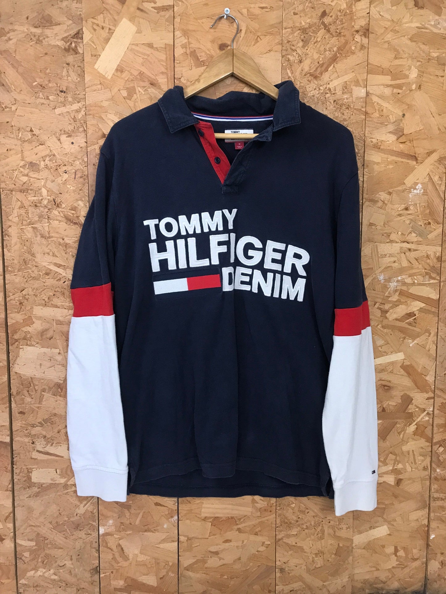 Vintage Y2K Tommy Hilfiger Spell out navy blue white long sleeve polo shirt/sweater size medium