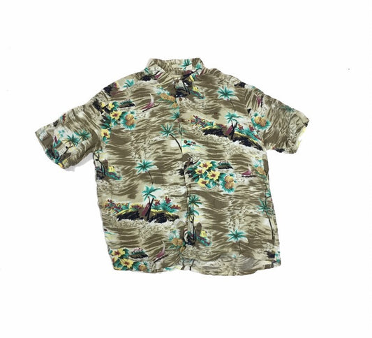 Vintage 90s mens beige green hibiscus palm trees pineapple fruit print Hawaiian eccentric statement quirky party festival shirt size XL