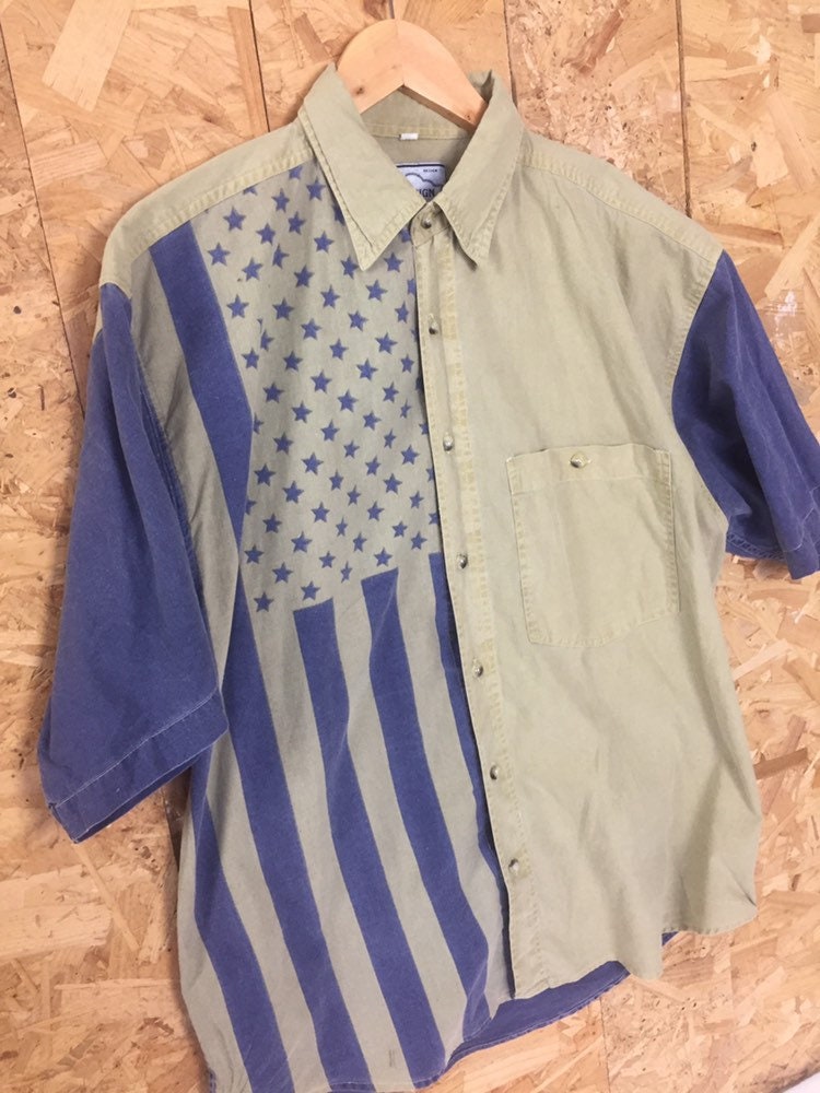 Vintage 90s blue beige block panel USA Stars and Stripes flag western print shirt size large