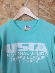 Vintage 80s USA Ithaca New York  High School tennis league pastel green t-shirt size XL