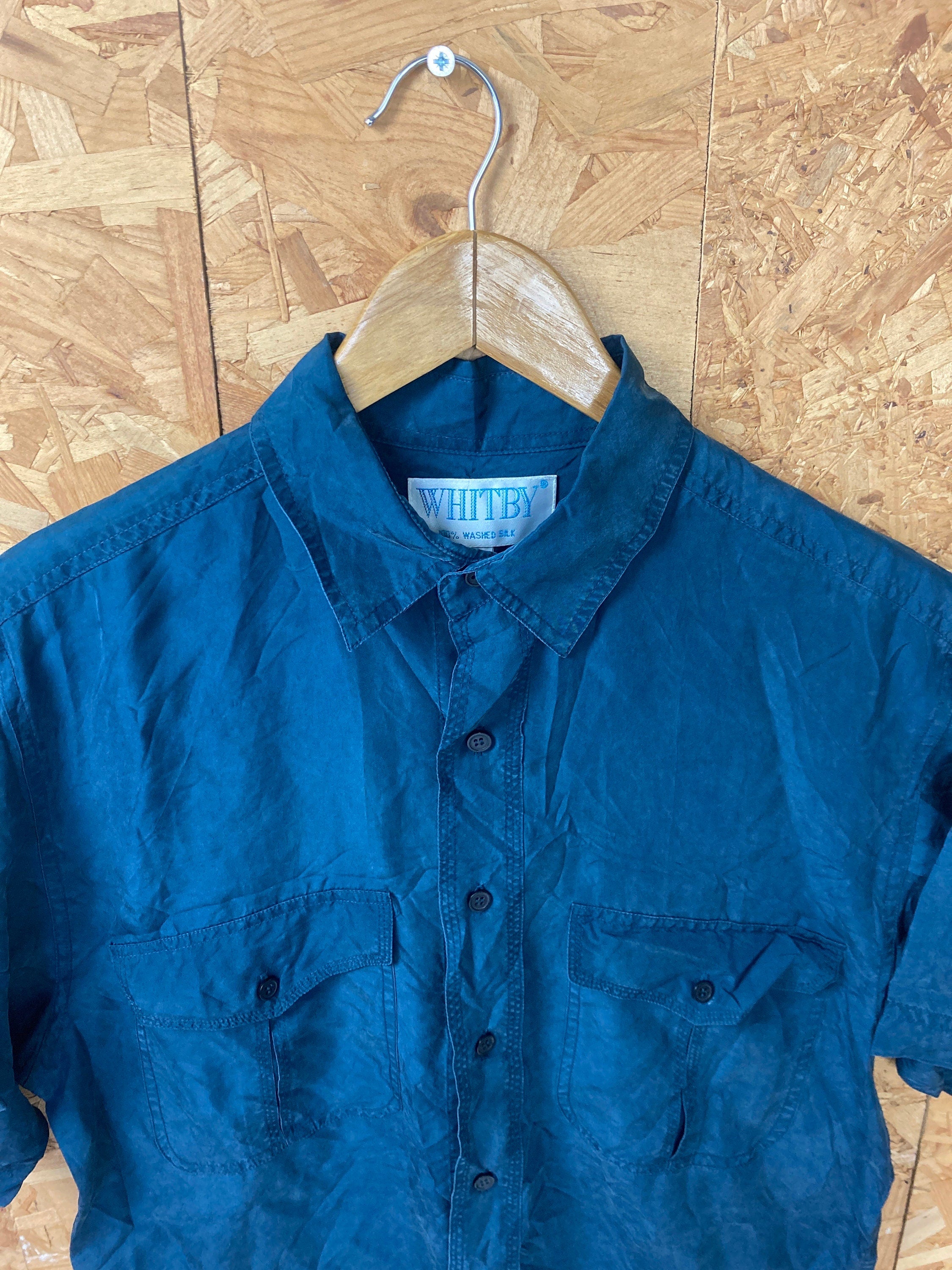 Vintage 90s mens muted dark jade navy blue twin pocket silk short sleeve shirt size small oversized
