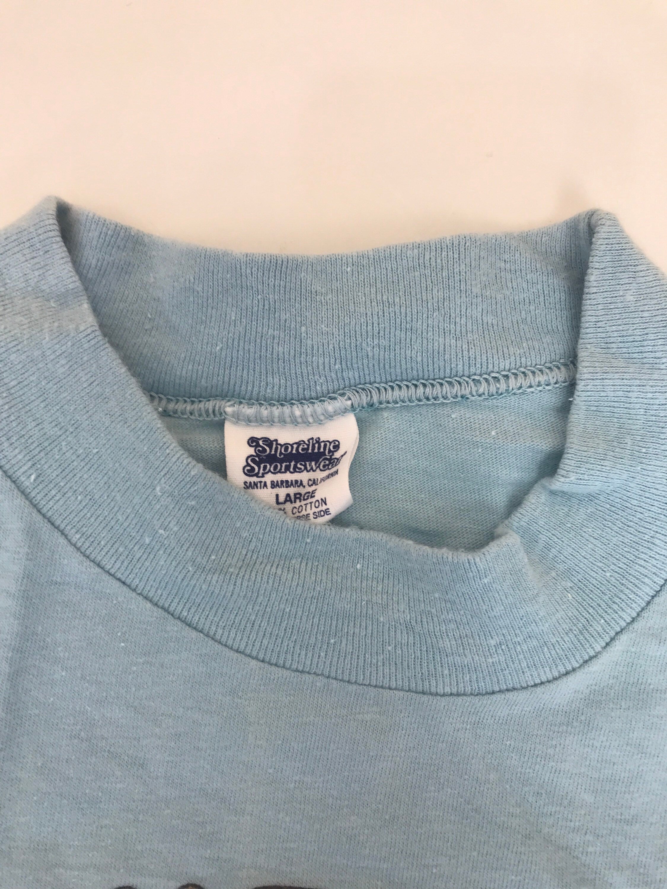 Vintage 70s Basketball Supporter quirky USA souvenir pale baby pastel blue t-shirt size large