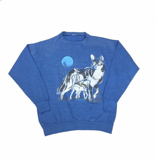 Vintage 90s blue unisex Wolf nature scene crew neck sweater size medium