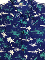 Vintage 90s aeroplane biplane palm tree blue white oversized rayon hawaiian shirt size 2XL extra large