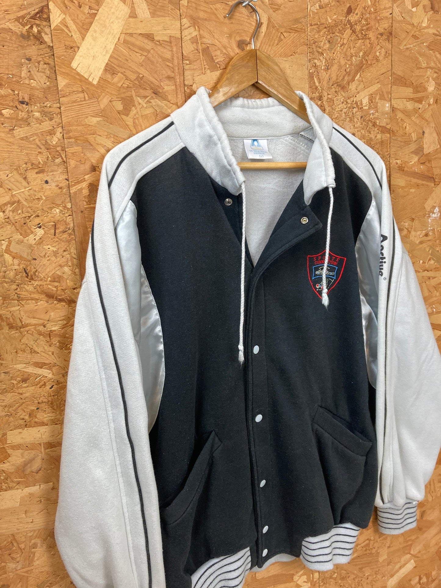 Vintage 90s Active grey silver black nerdy freshman’s varsity style letterman track top size large