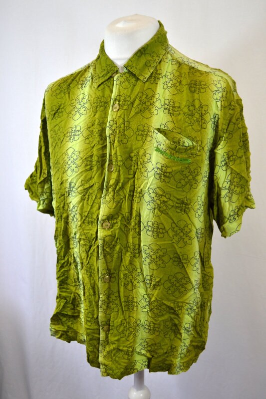 Vintage 90s olive & lime green hawaiian ugly party shirt sleeve shirt by Banghera size XL