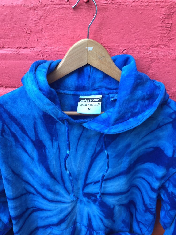 Vintage 00s blue acid wash rave festival tie dye hoody pullover size medium