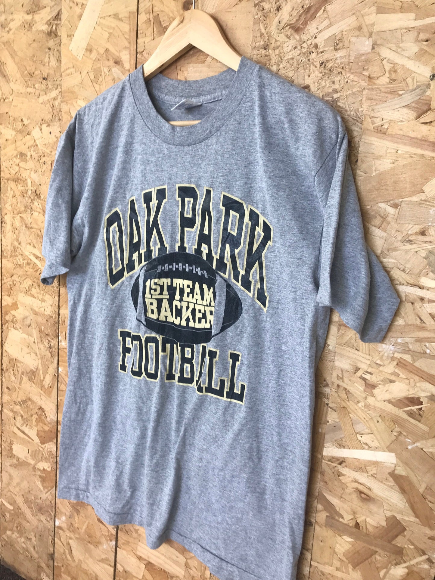 Vintage 90s USA college Oak Park Football 1st team backer souvenir grey t-shirt size large