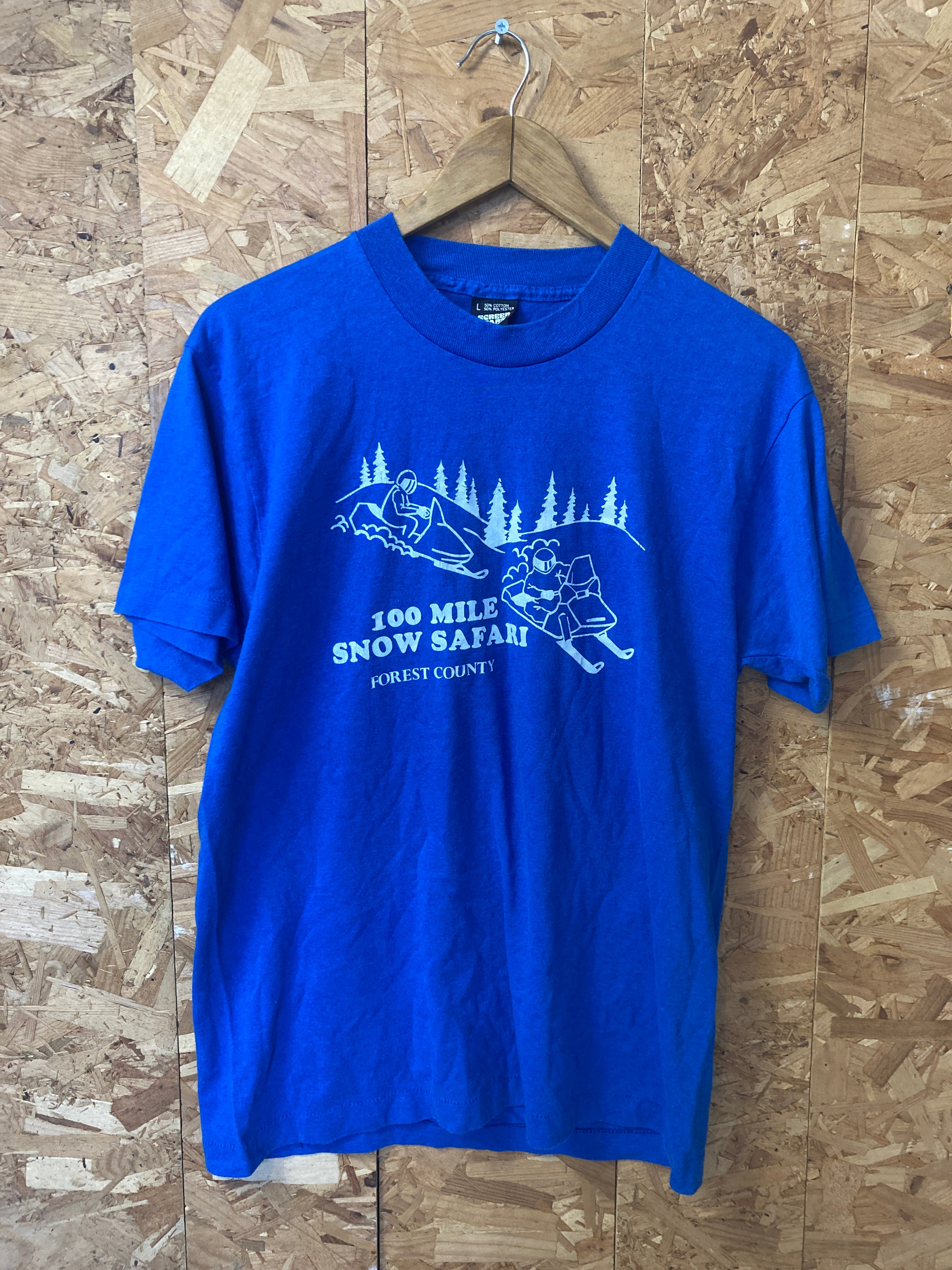 Vintage 90s blue 100 mile snow safari forest county souvenir t-shirt size large