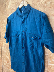 Vintage 90s mens muted dark jade navy blue twin pocket silk short sleeve shirt size small oversized