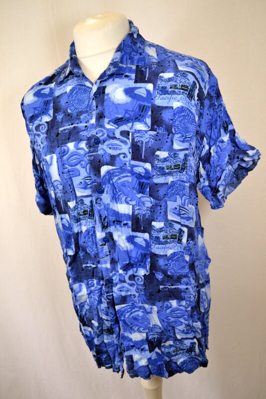 Vintage 90s blue abstract pattern hawaiian style party beach festivals shirt size XL