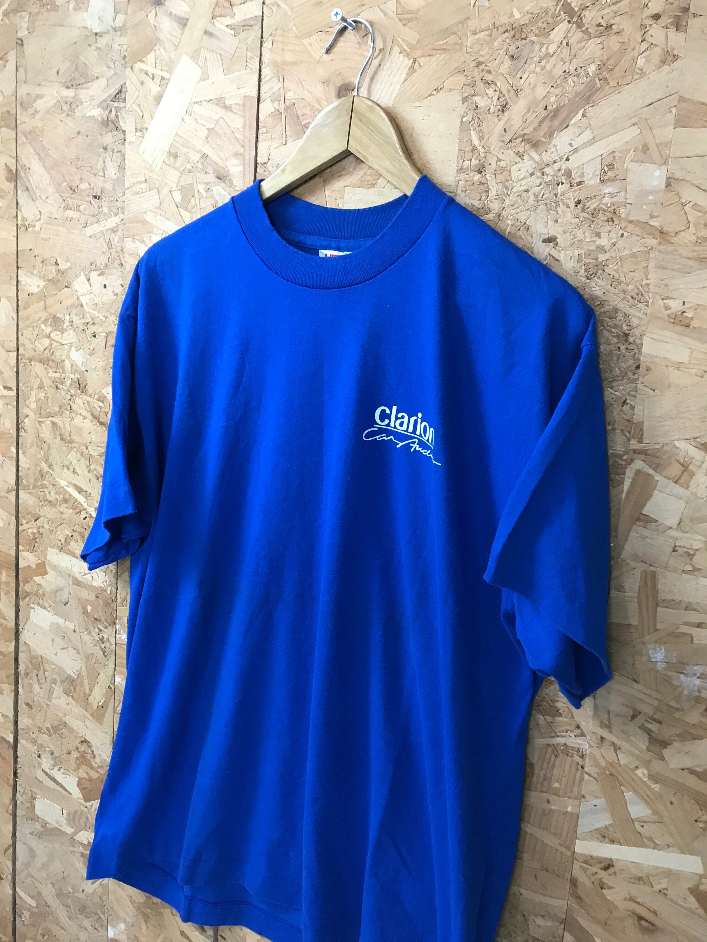 Vintage 90s Clarion Car Audio USA souvenir workers promotional blue quirky t-shirt size XL