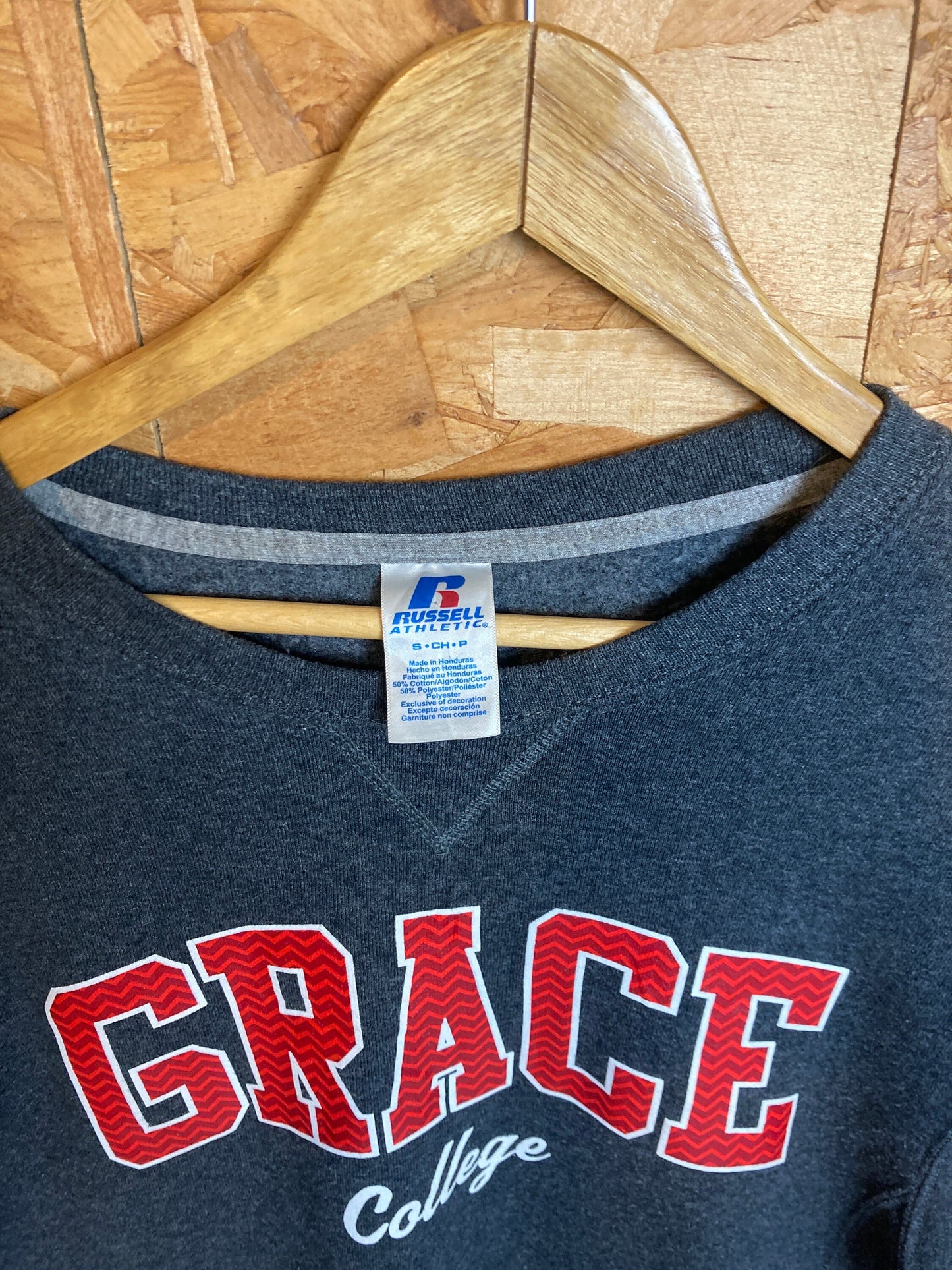 Vintage 90s Grace College grey red crew neck sweater size small by Russel Athletic