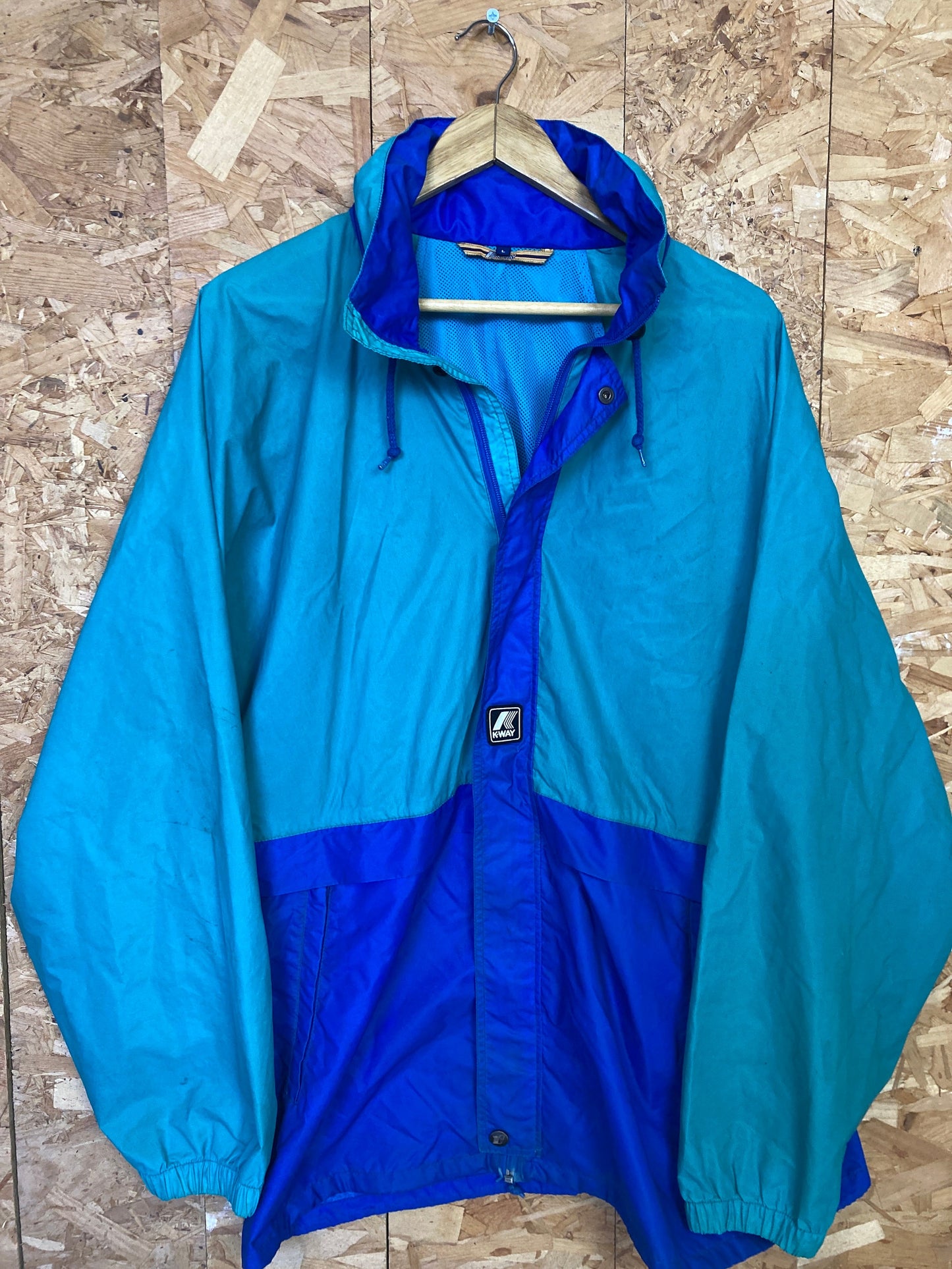 Vintage 90s K-Way blue green raincoat windbreaker waterproof rain jacket size large