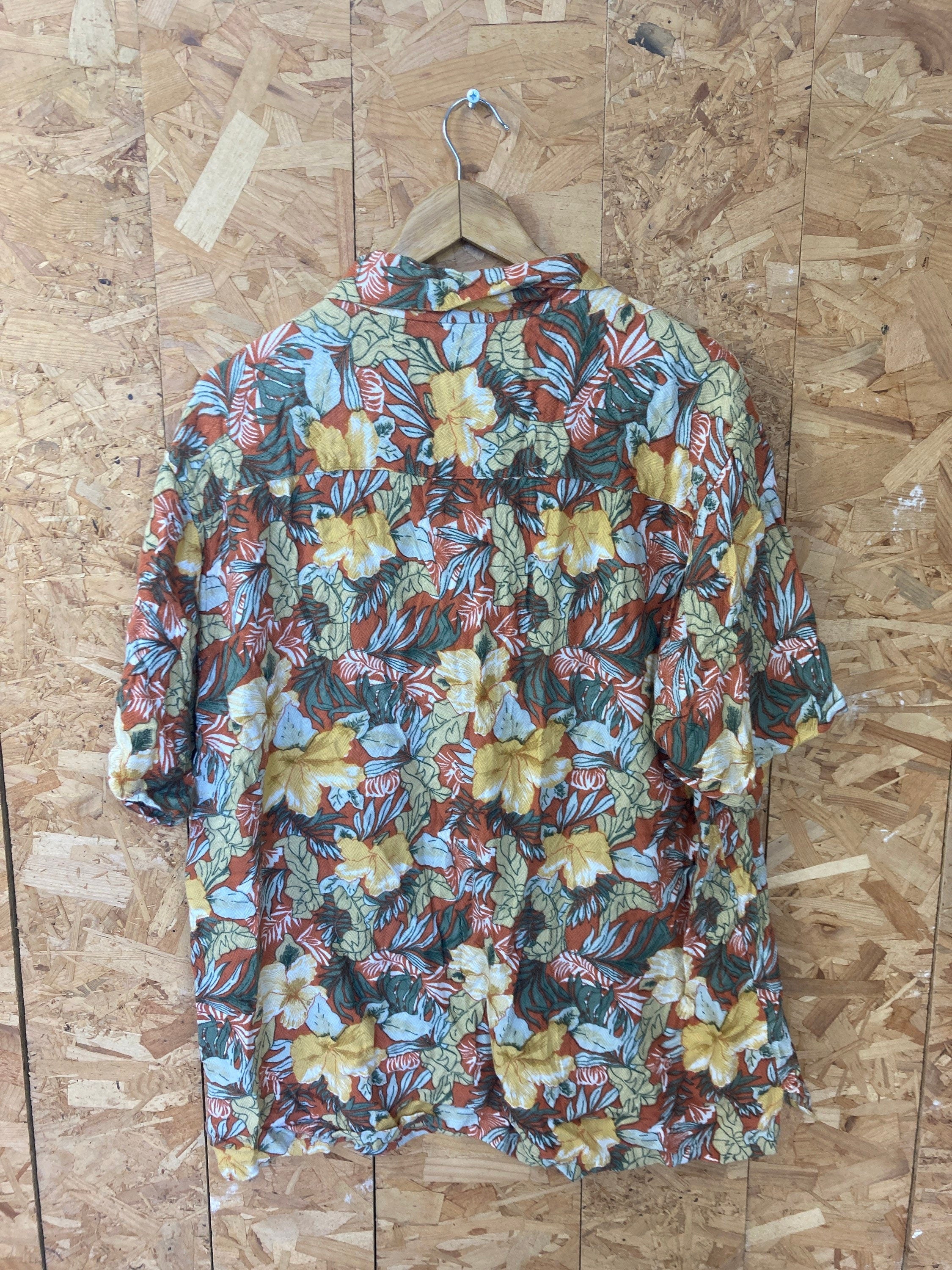 Vintage 80s yellow orange green hibiscus floral palm Hawaiian party beach rayon shirt size XL