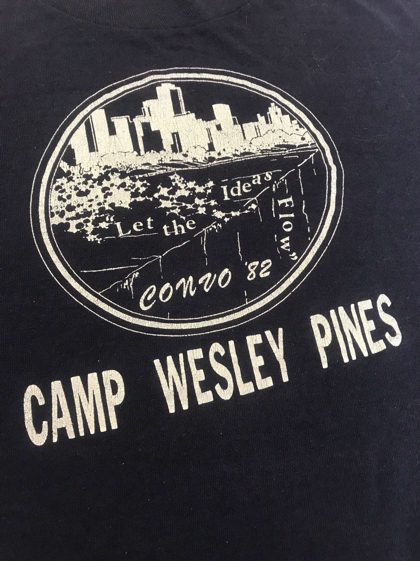 Vintage 82 Camp Wesley Pines Methodist church USA souvenir navy blue t-shirt size XL