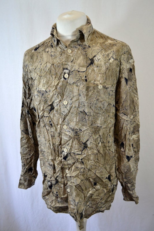 Vintage 90s beige Grunge Pastel Grey abstract charcoal sketch Pattern long sleeve shirt oversized medium