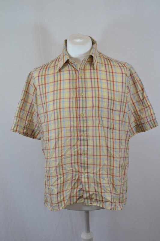 Vintage 90s beige multicolour check nerdy short sleeve shirt size large