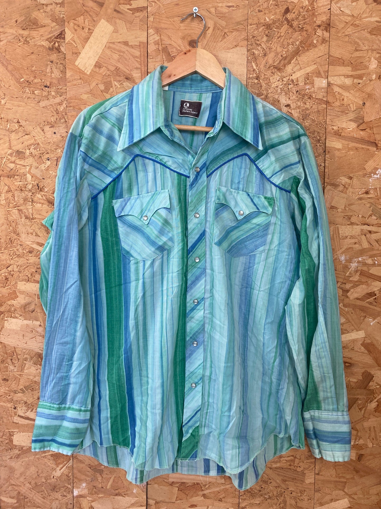 Vintage 80s JC penny blue green striped piping western cowboy shirt size 17” large