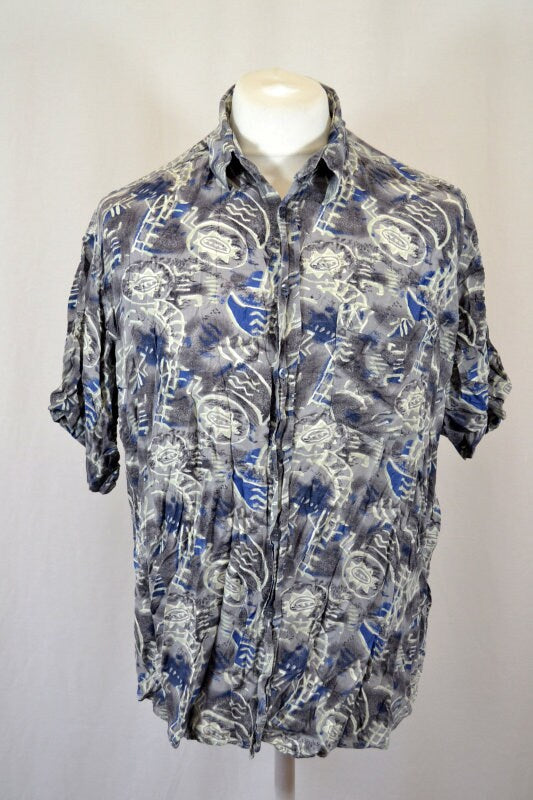 Vintage 90&#39;s charcoal grey blue Wavy Ugly Abstract Pattern Hawaiian style rayon Shirt oversized