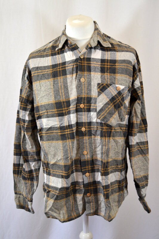 Vintage 90s Chunky large Check Grey & Brown heavy wool mix Lumberjack Shirt size XL by globetrotter