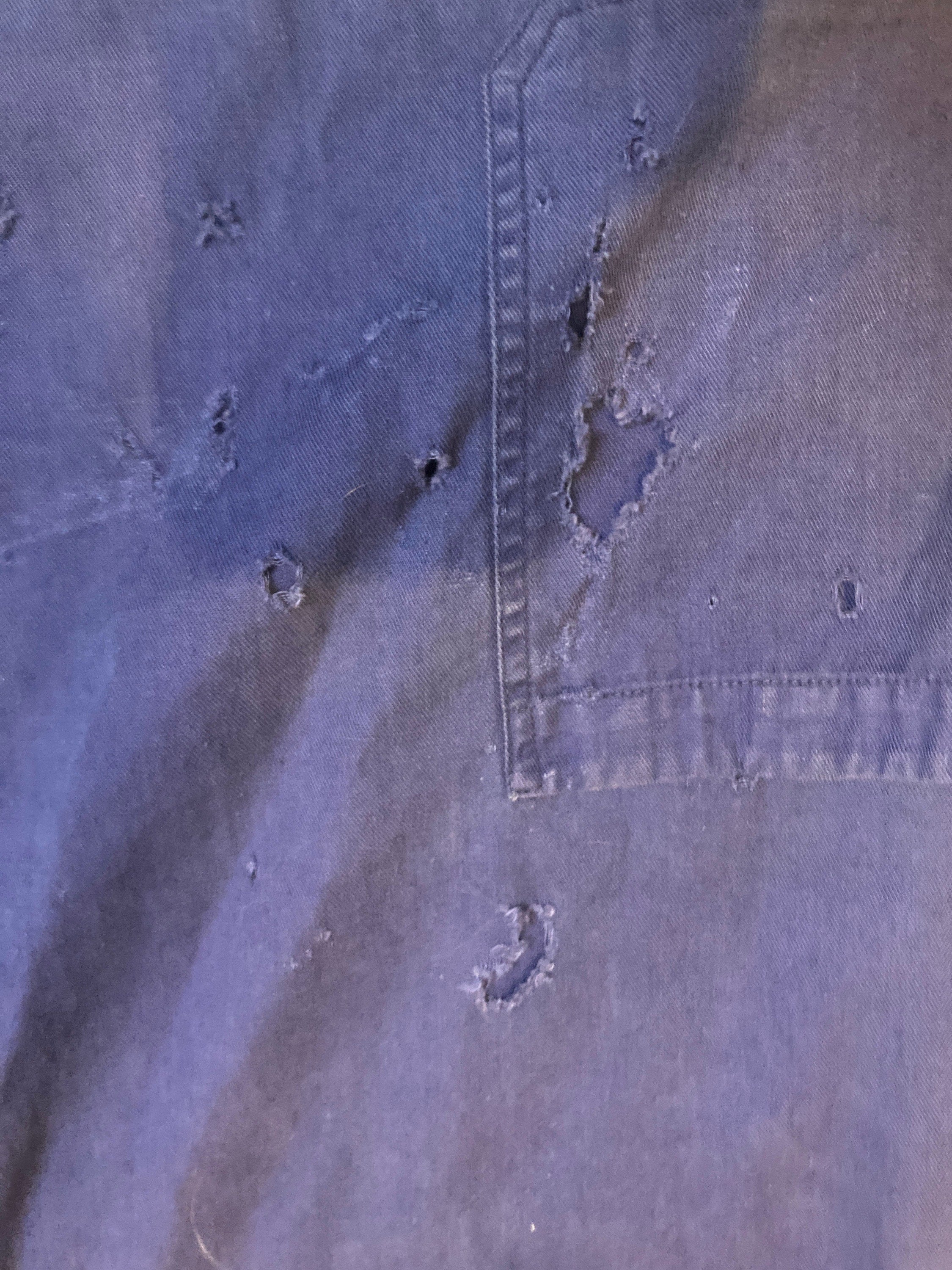 Vintage 80s French blue workers chore sanforized button jacket cotton drill distressed size large by