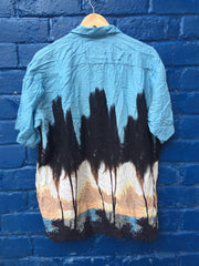Vintage 90s silhouette palm tree blue beige overwized rayon hawaiian shirt size large