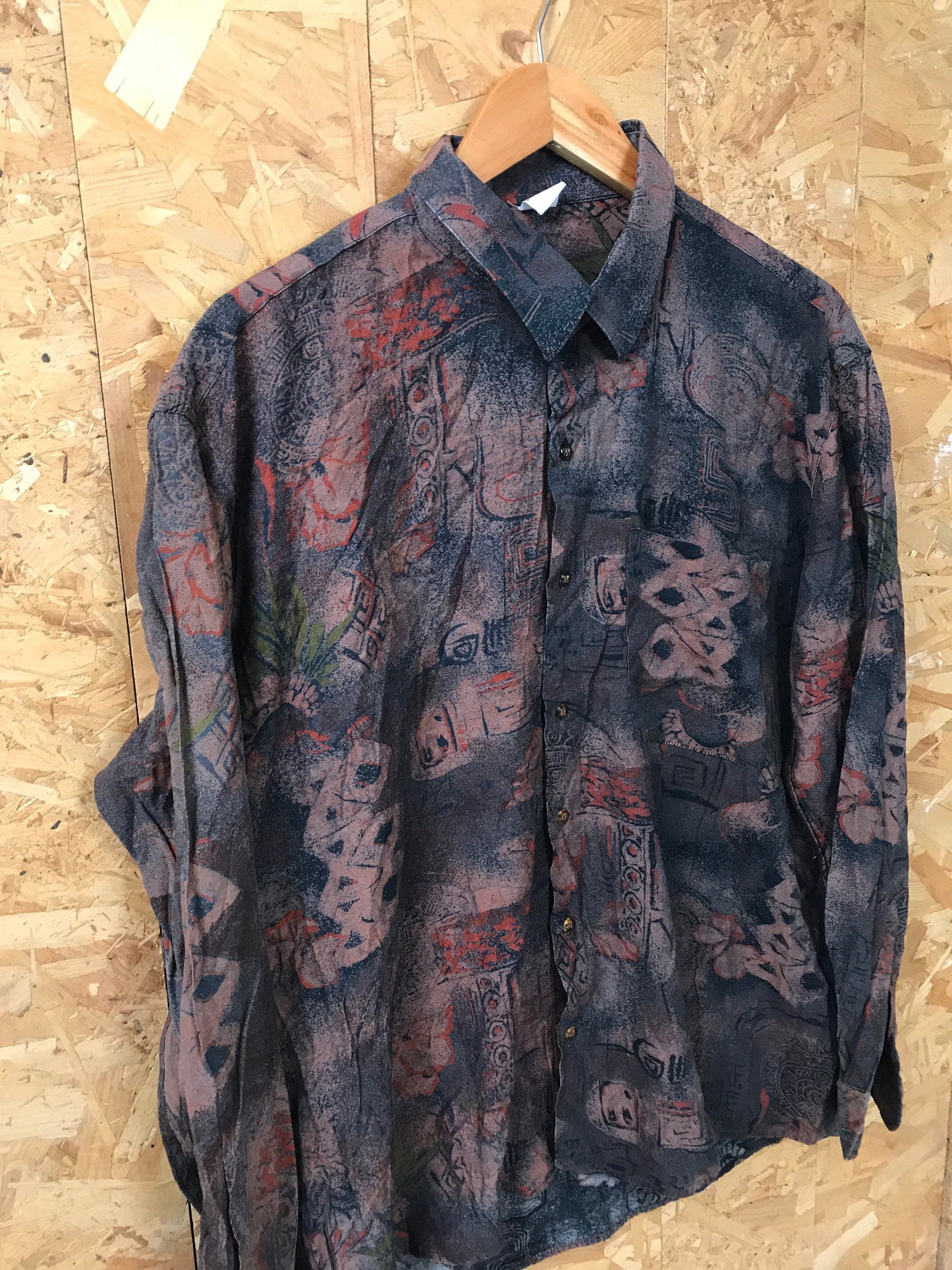 Vintage 90s brown red green grungy abstract print long sleeve ugly rayon shirt oversized large