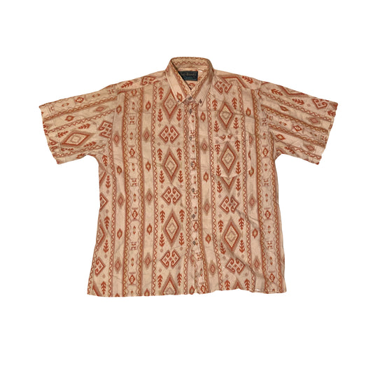 Vintage 90s pink beige aztec Native American pattern short sleeve shirt size large