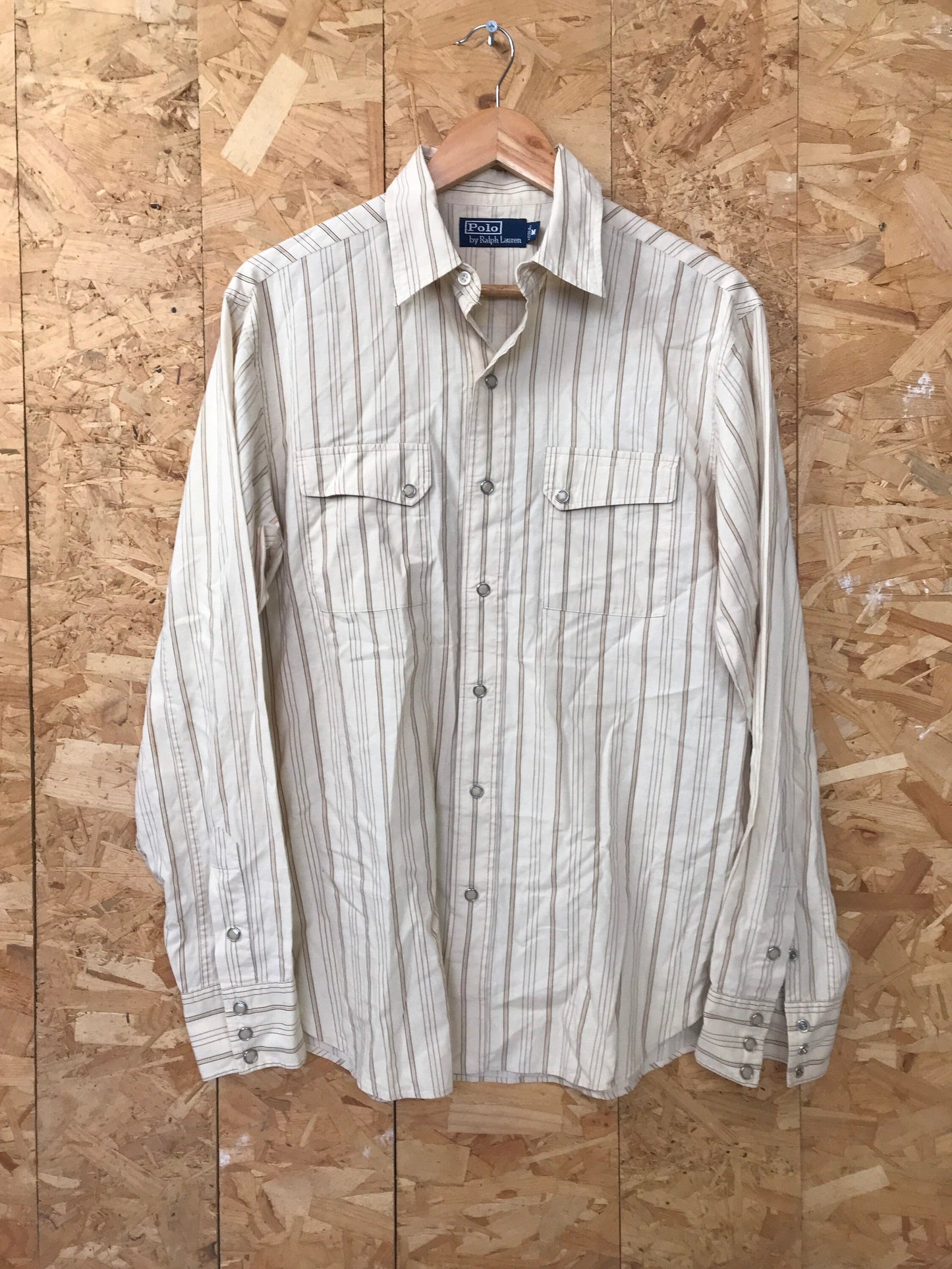 Vintage 90s Polo Ralph Lauren beige striped western cowboy cowgirl rodeo ranch wear shirt size medium