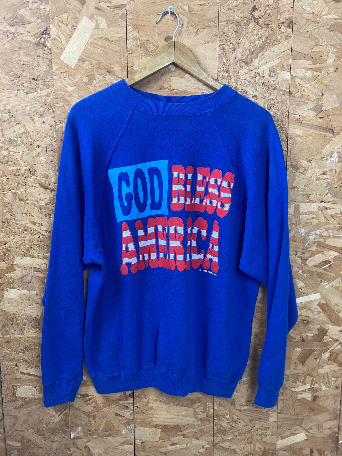 Vintage 90s God Bless America USA souvenir blue crew neck sweater size large