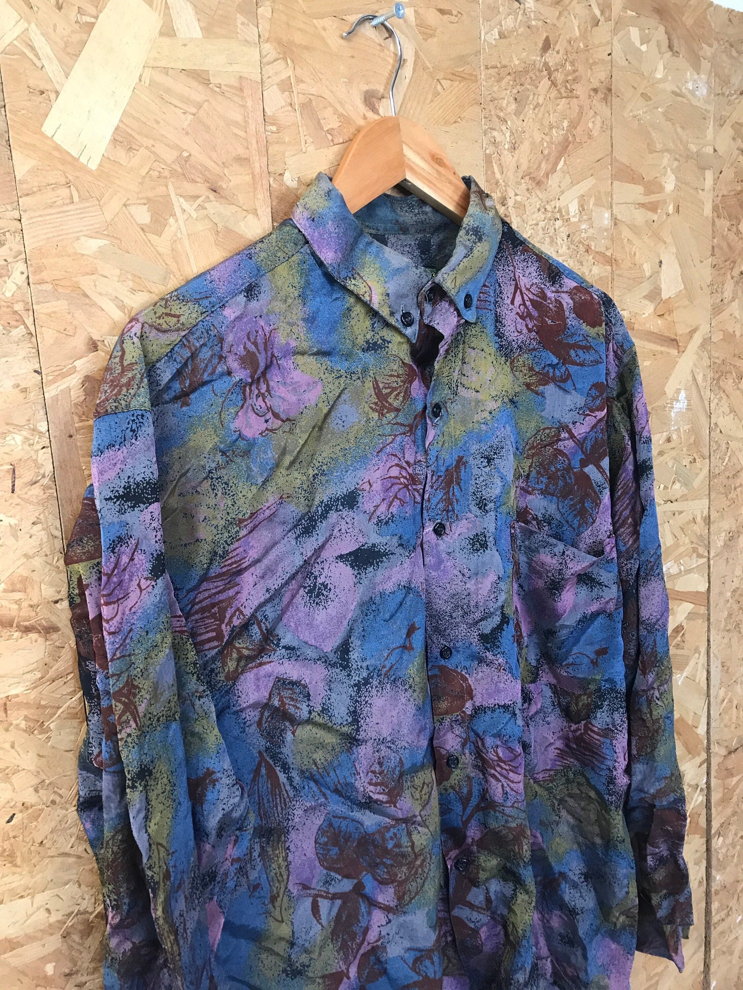 Vintage 90s purple olive blue grungy abstract pattern ugly long sleeve shirt size large