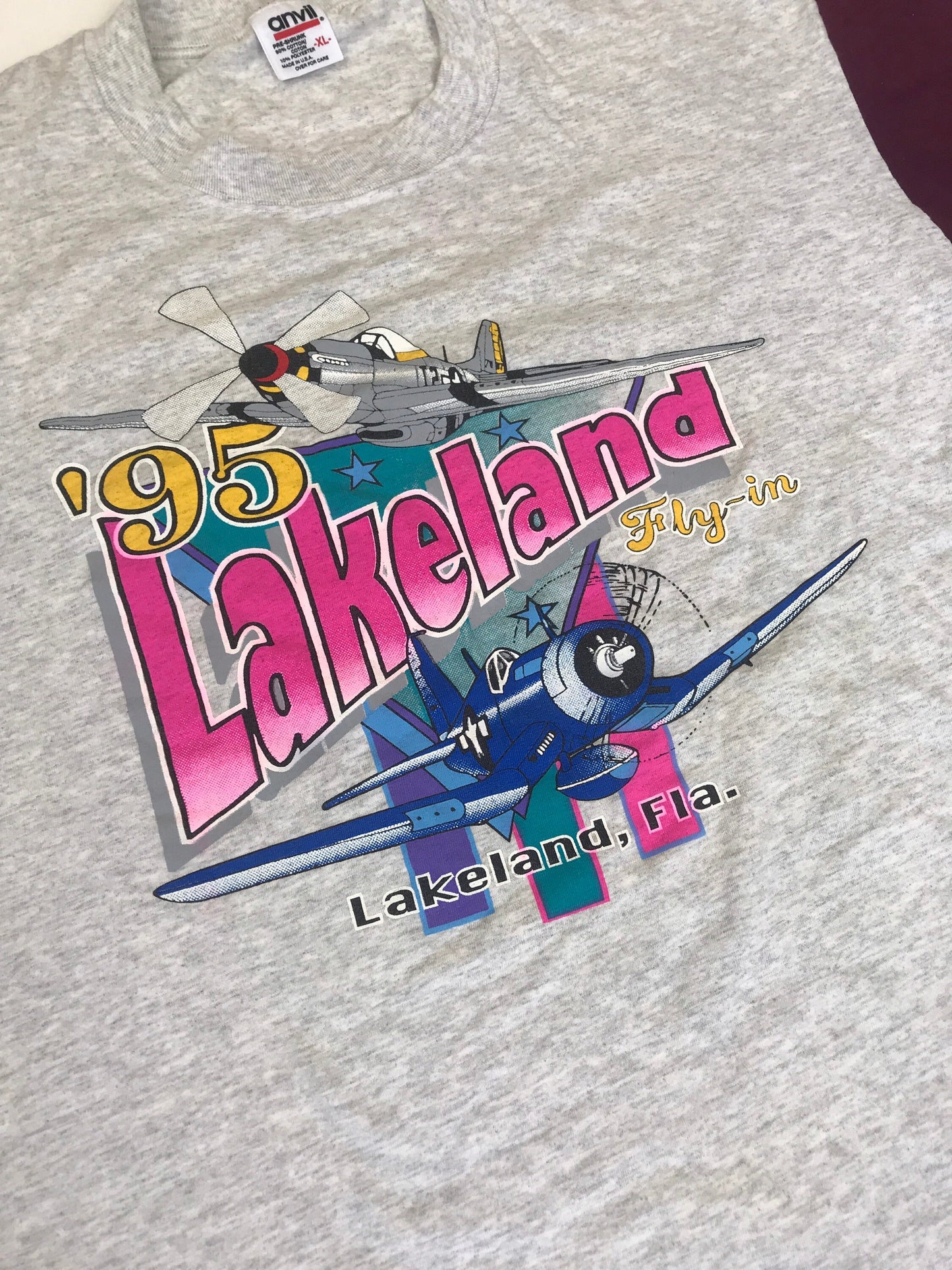 Vintage 95 Lakeland Fly-In aeronautical festival USA souvenir grey marl & dark red t shirt size XL