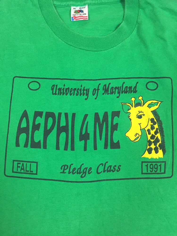 Vintage 1991 USA university of Maryland pledge class giraffe AEPHI4ME green t-shirt size XL