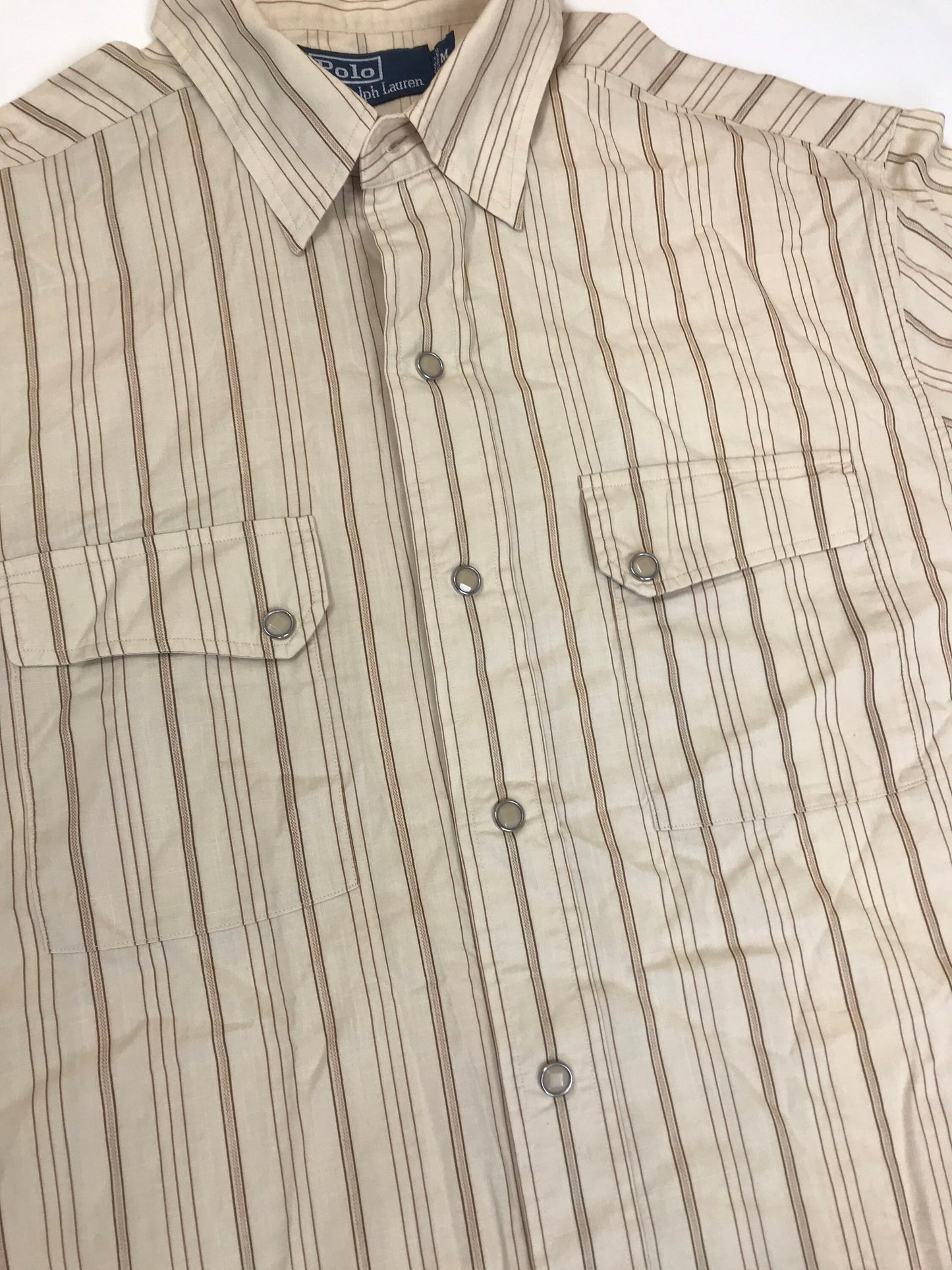 Vintage 90s Polo Ralph Lauren beige striped western cowboy cowgirl rodeo ranch wear shirt size medium