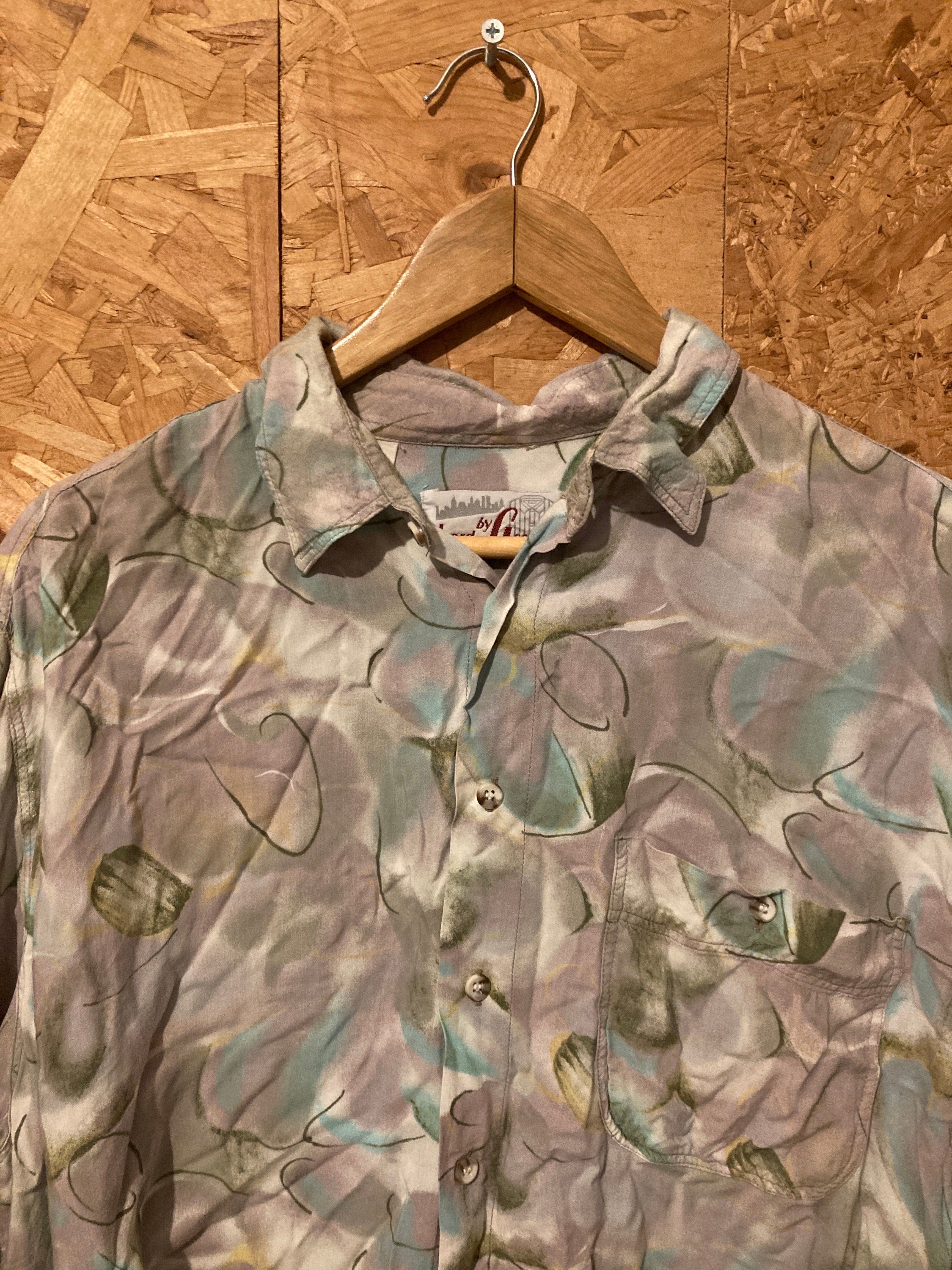 Vintage 90s pastel green lilac abstract watercolour pattern ugly shirt size XL