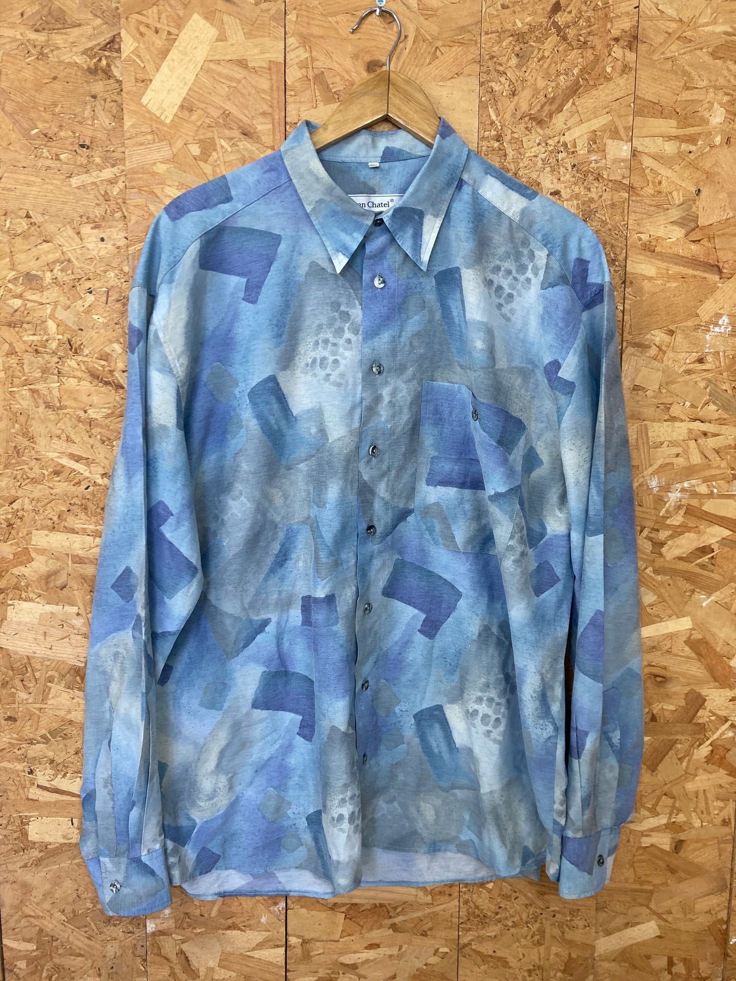 Vintage 90s Pastel yellow blue abstract Watercolour print long sleeve viscose party eccentric shirt size XL