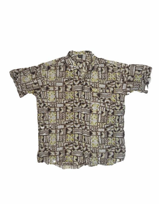 Vintage 90s ugly tribal Abstract Brown & Yellow Pattern short sleeve party beach Shirt size medium