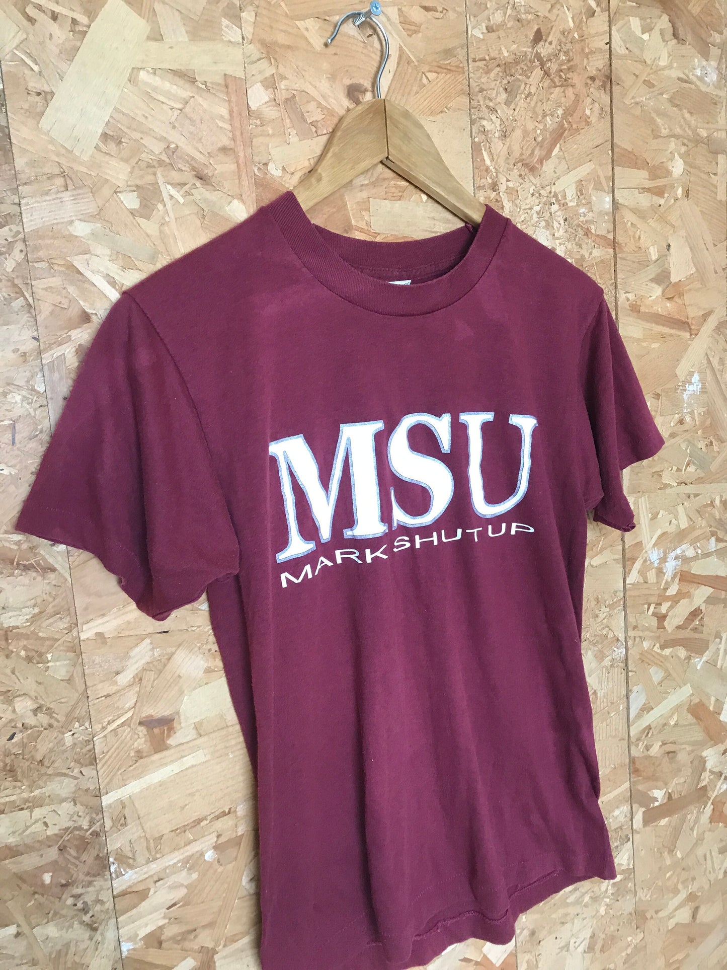 Vintage 90s MSU 'Mark Shut Up' souvenir quirky college team burgundy red  USA t-shirt size small