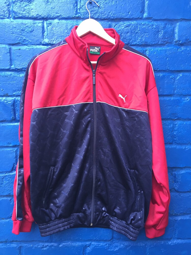 Vintage 90s Puma red and navy satin track top retro old school