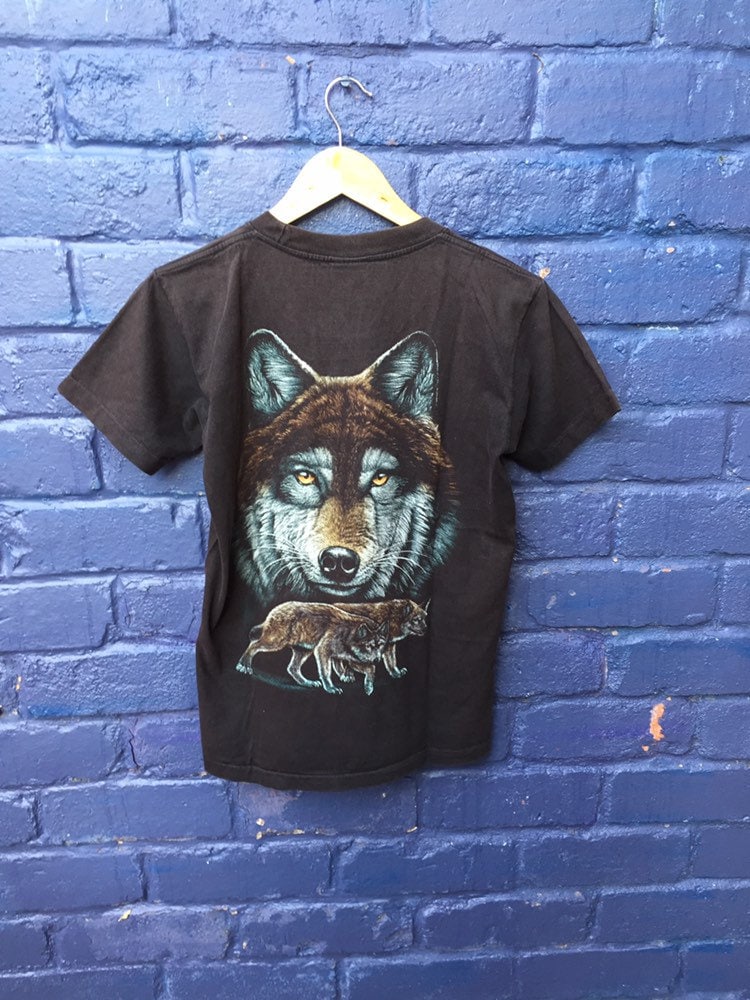 Vintage Wolf animal printed nature scene black t-shirt size small