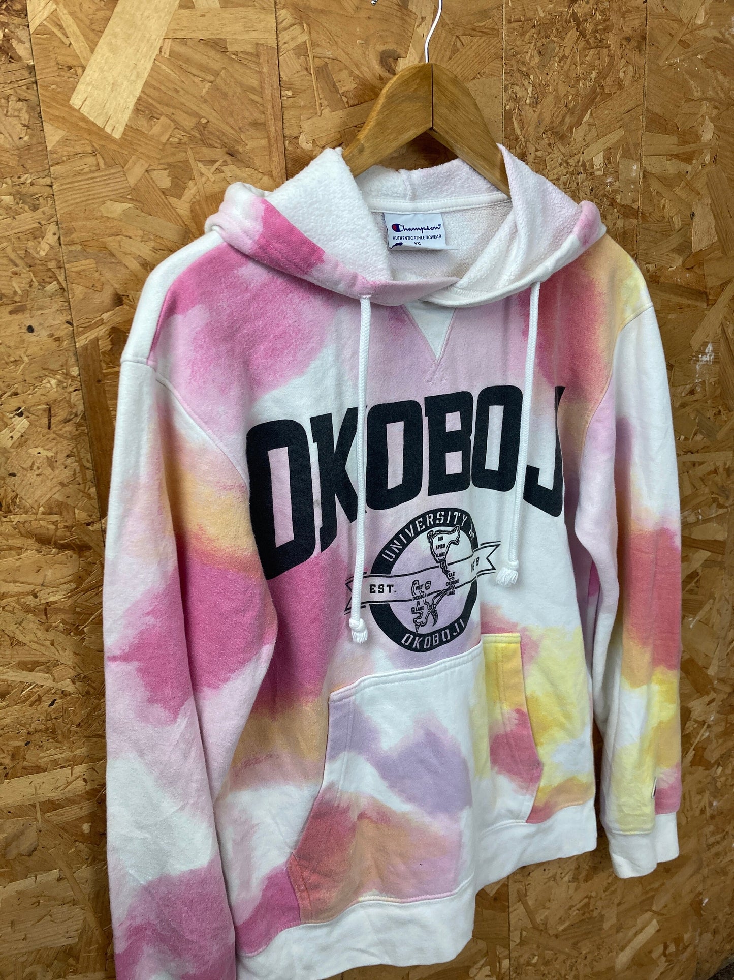 Vintage 90s Okoboji University Champion USA tie dye white pink beige hoodie size XS