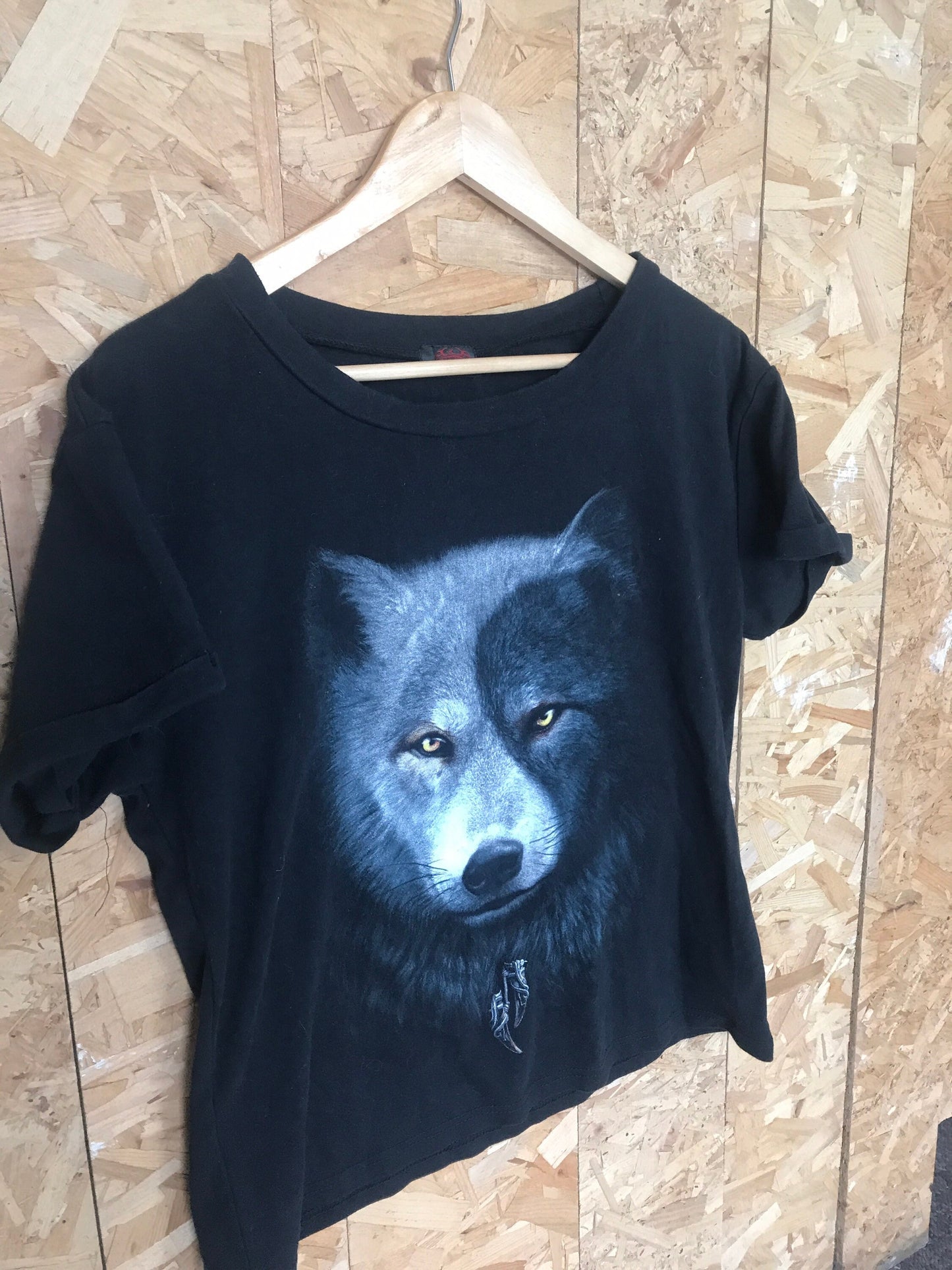 Vintage 00s ladies spiritual ying yang wolf face moonlight t-shirt size 2XL