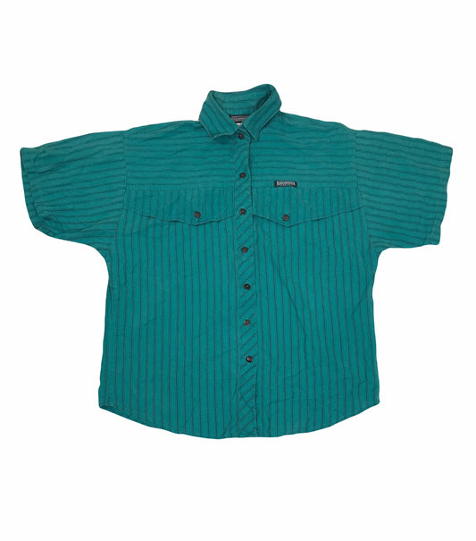 Vintage 90s turquoise green blue stripe twin pocket cowboy western short sleeve shirt by Roughrider