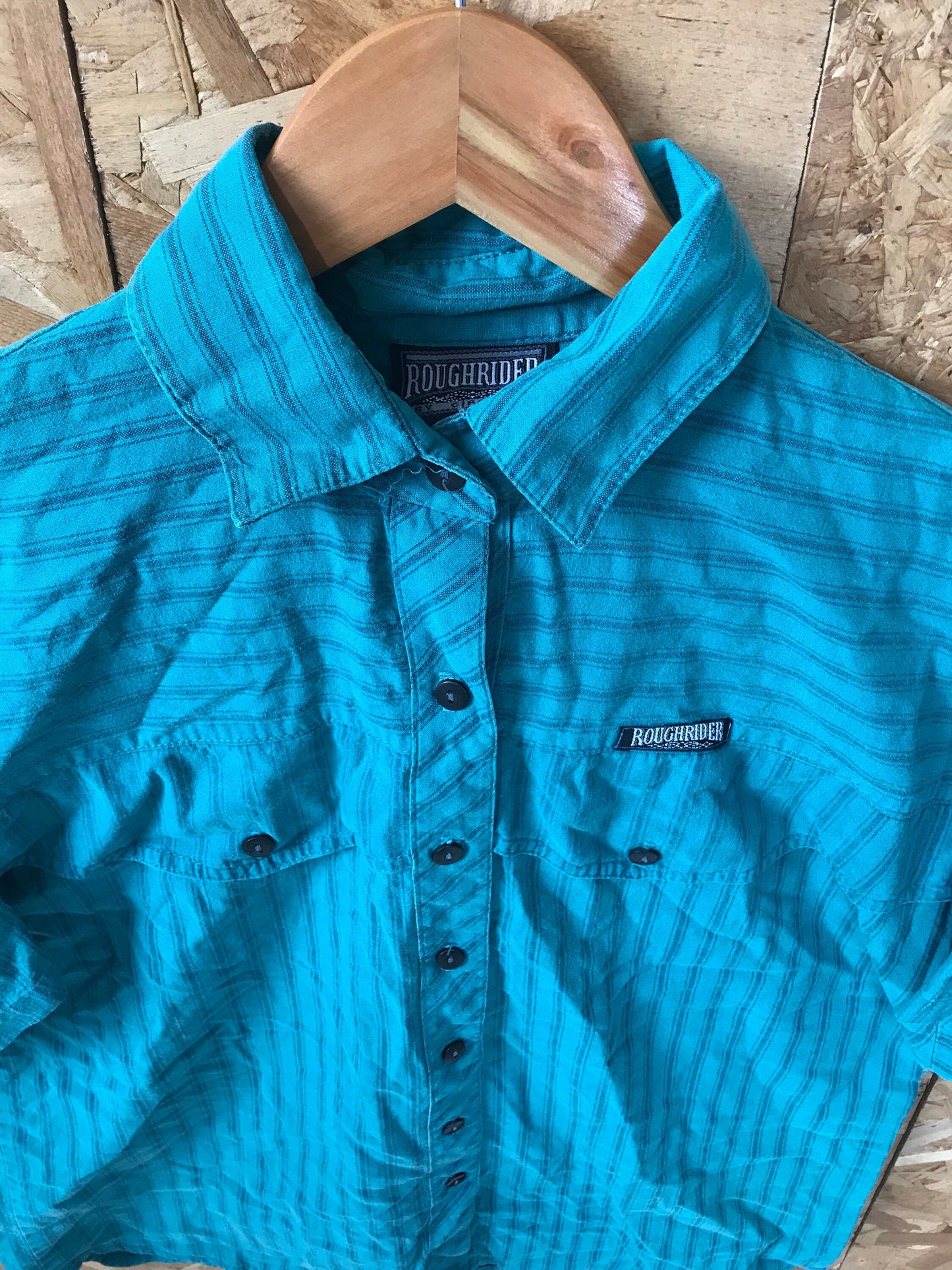 Vintage 90s turquoise green blue stripe twin pocket cowboy western short sleeve shirt by Roughrider