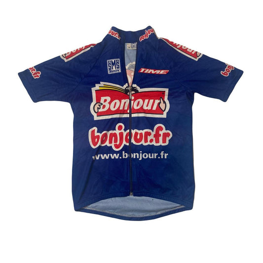 Vintage 90's French Bonjour Santini Cycle Jersey Blue Red Size UK S